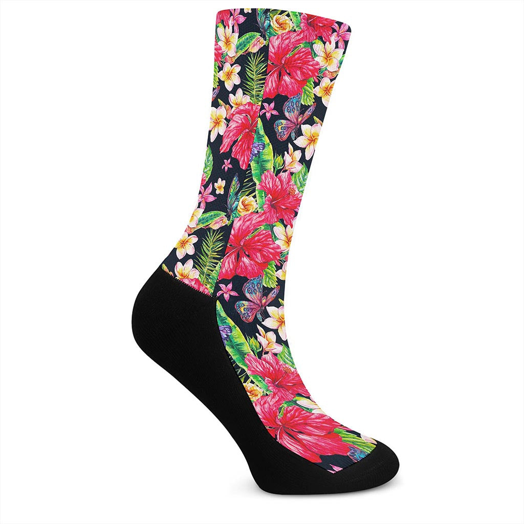 Exotic Hibiscus Flowers Pattern Print Crew Socks