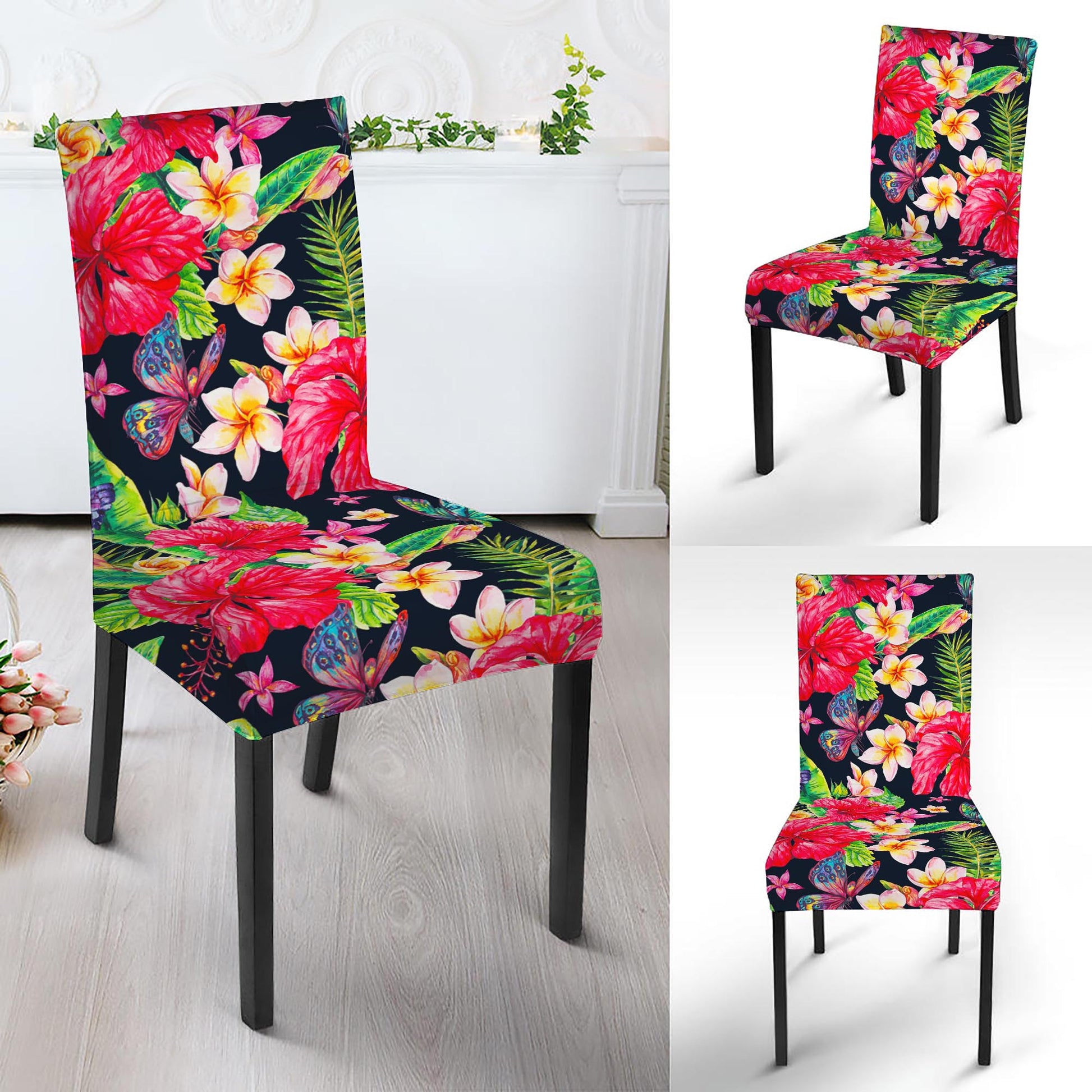 Exotic Hibiscus Flowers Pattern Print Dining Chair Slipcover