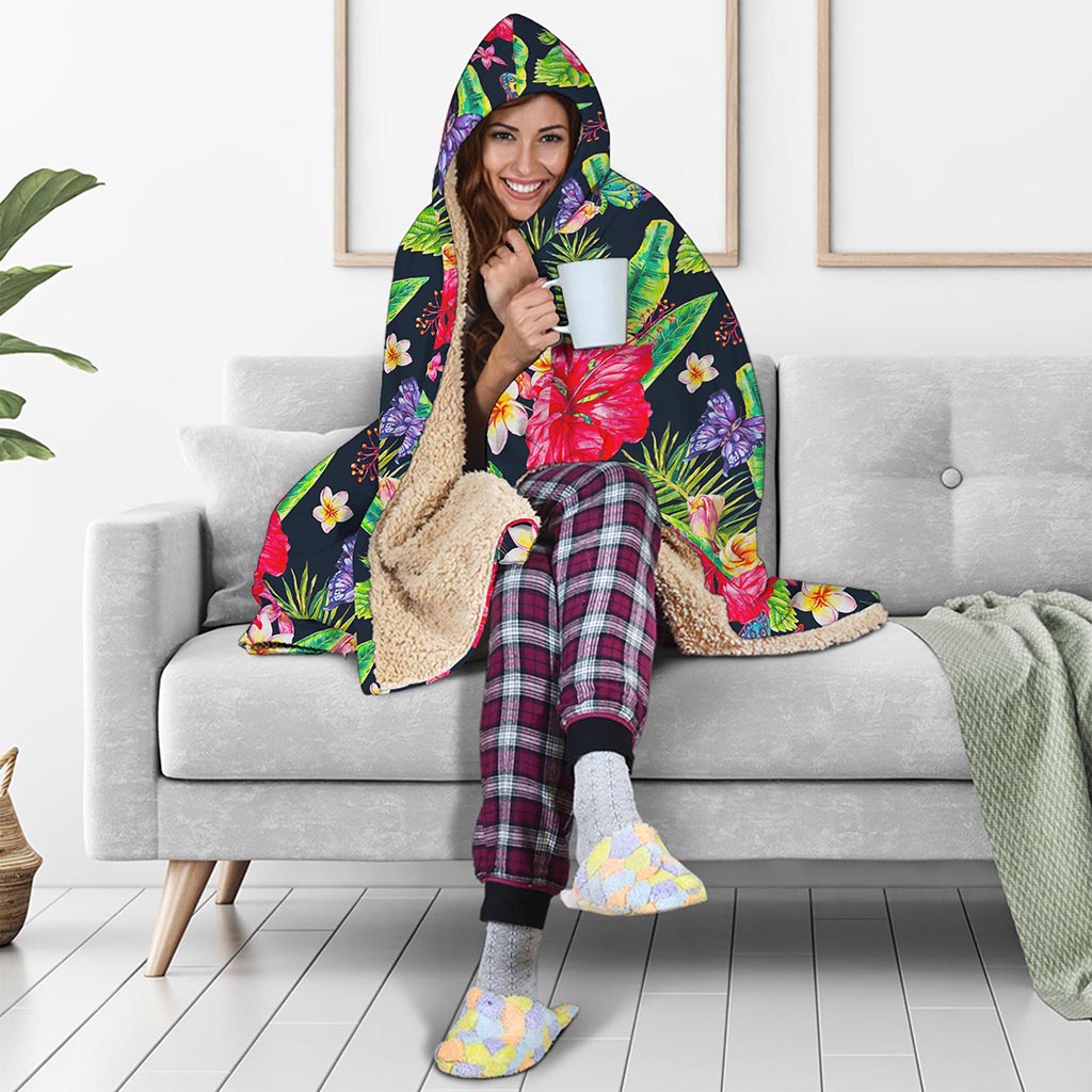 Exotic Hibiscus Flowers Pattern Print Hooded Blanket