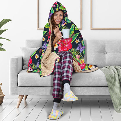 Exotic Hibiscus Flowers Pattern Print Hooded Blanket
