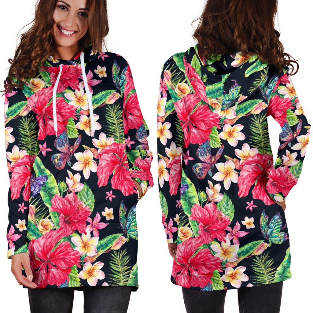 Exotic Hibiscus Flowers Pattern Print Hoodie Dress GearFrost