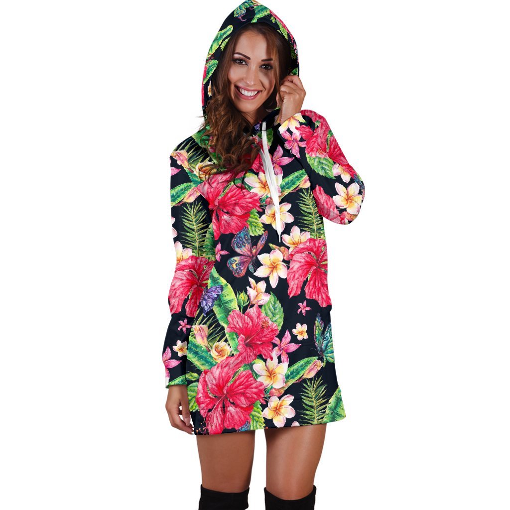 Exotic Hibiscus Flowers Pattern Print Hoodie Dress GearFrost