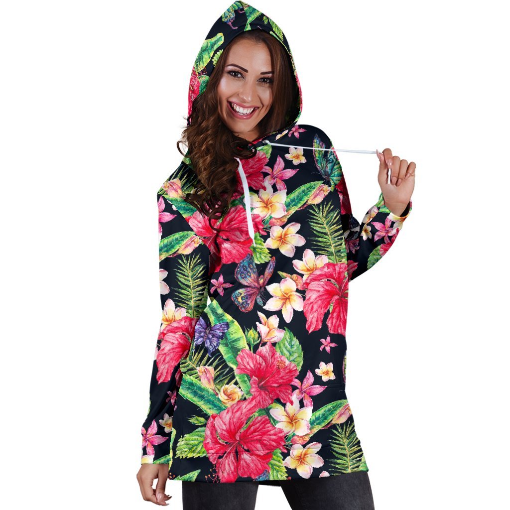 Exotic Hibiscus Flowers Pattern Print Hoodie Dress GearFrost