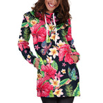 Exotic Hibiscus Flowers Pattern Print Hoodie Dress GearFrost