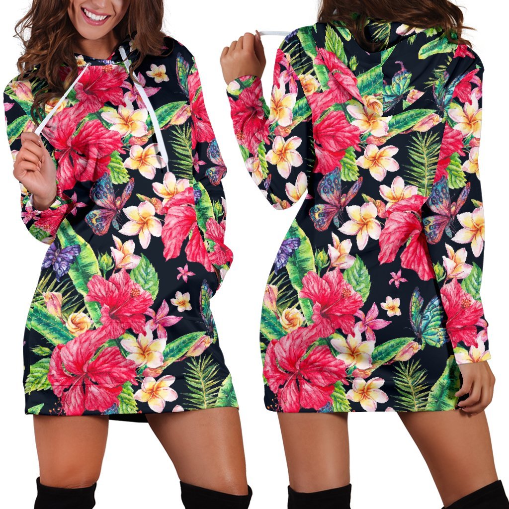 Exotic Hibiscus Flowers Pattern Print Hoodie Dress GearFrost