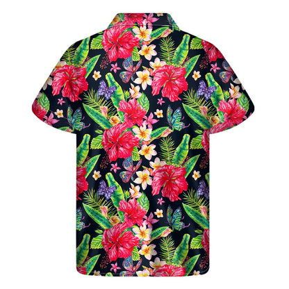 Exotic Hibiscus Flowers Pattern Print Men's Short Sleeve Shirt