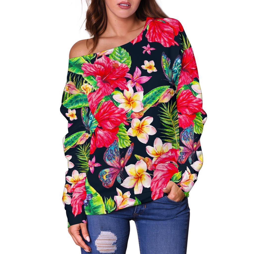 Exotic Hibiscus Flowers Pattern Print Off Shoulder Sweatshirt GearFrost