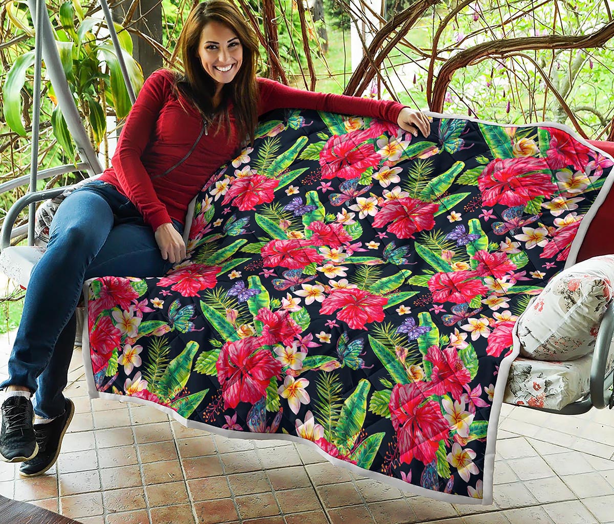 Exotic Hibiscus Flowers Pattern Print Quilt