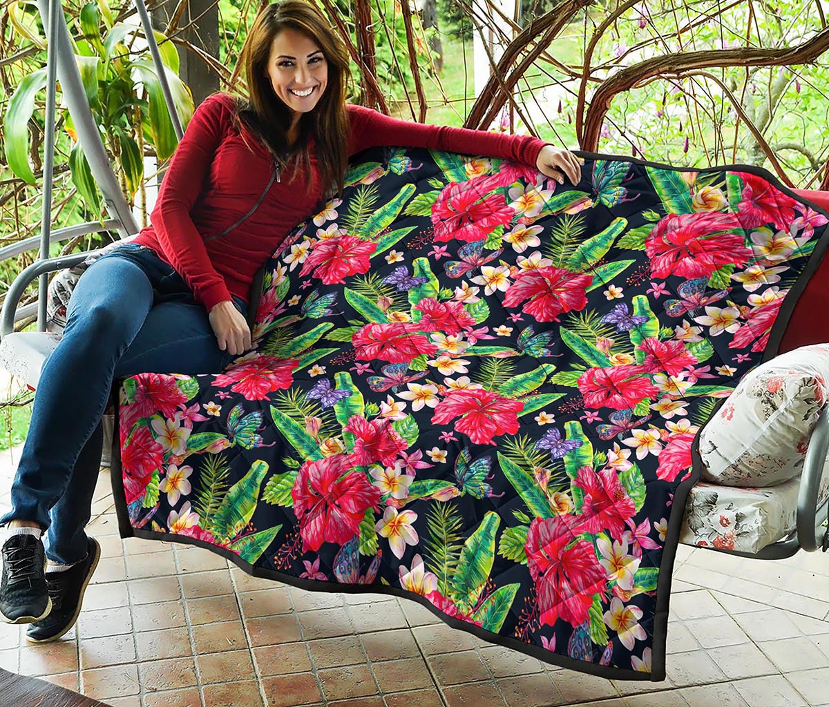 Exotic Hibiscus Flowers Pattern Print Quilt