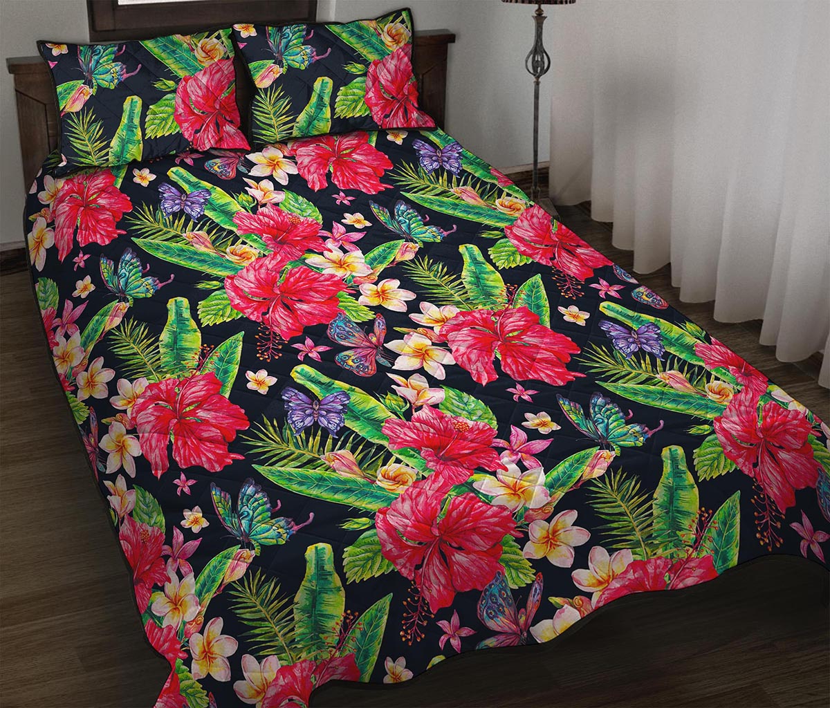 Exotic Hibiscus Flowers Pattern Print Quilt Bed Set