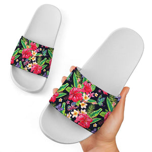 Exotic Hibiscus Flowers Pattern Print White Slide Sandals