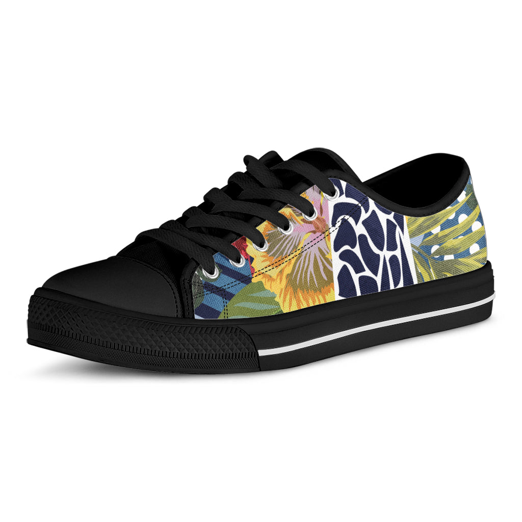 Exotic Patchwork Pattern Print Black Low Top Shoes