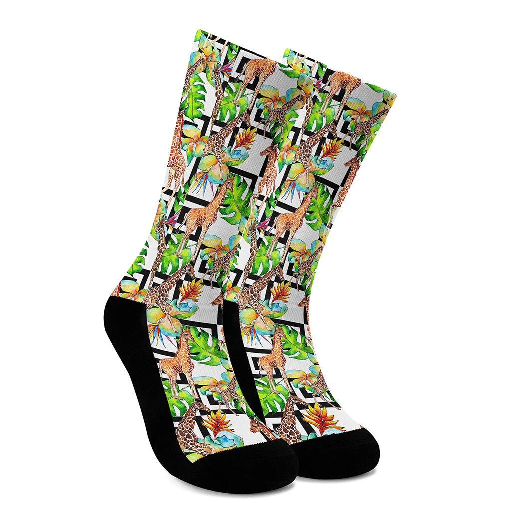 Exotic Tropical Giraffe Pattern Print Crew Socks