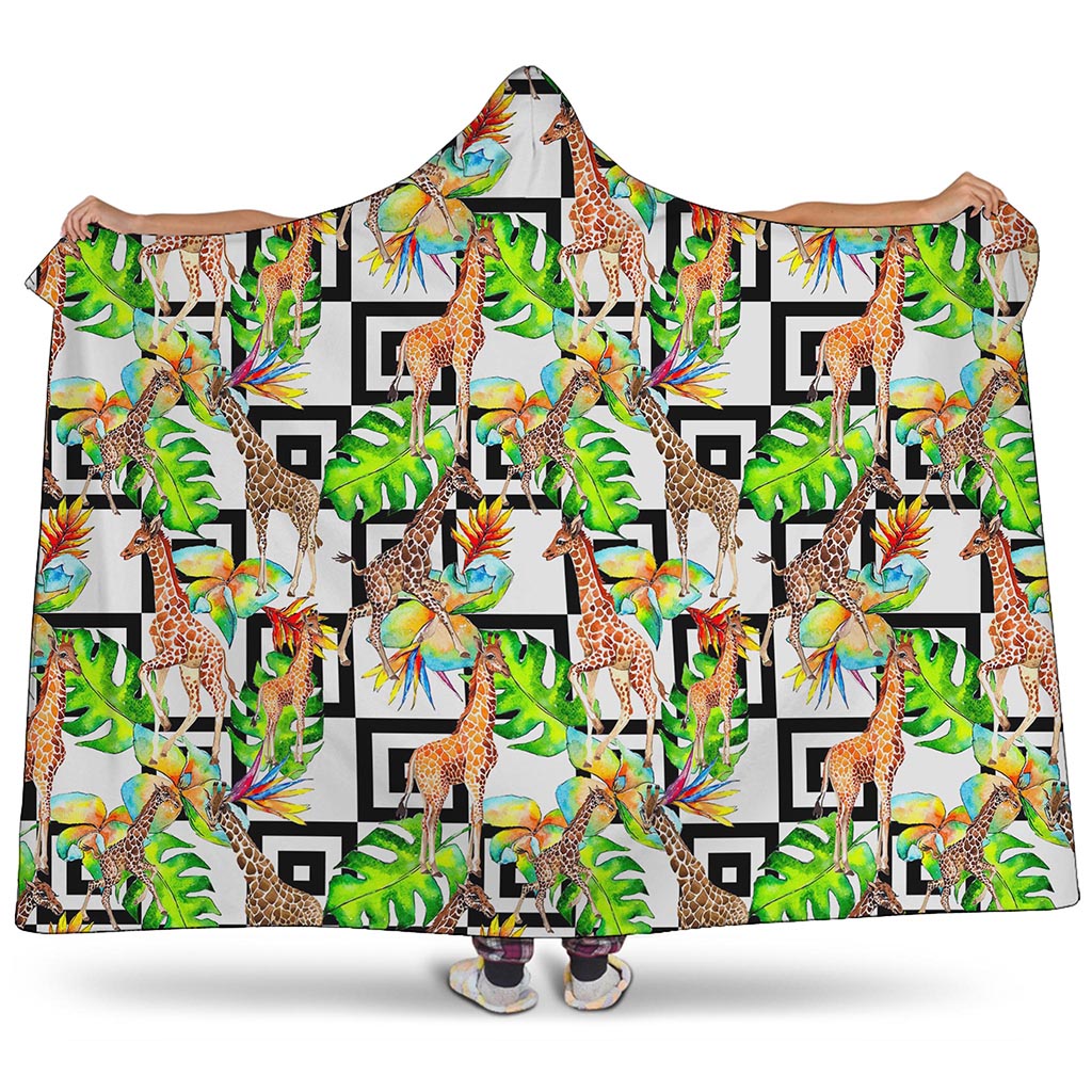 Exotic Tropical Giraffe Pattern Print Hooded Blanket