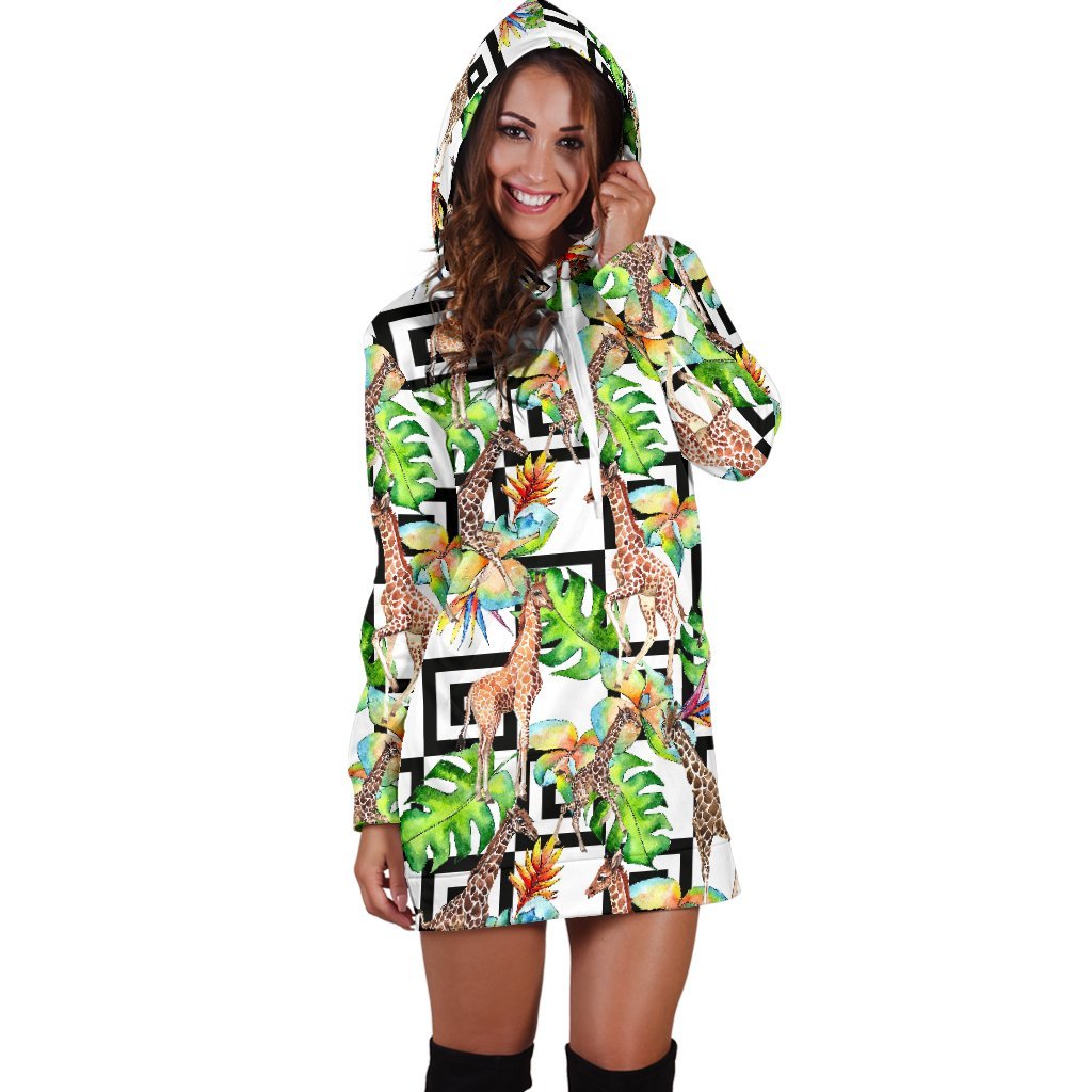 Exotic Tropical Giraffe Pattern Print Hoodie Dress GearFrost
