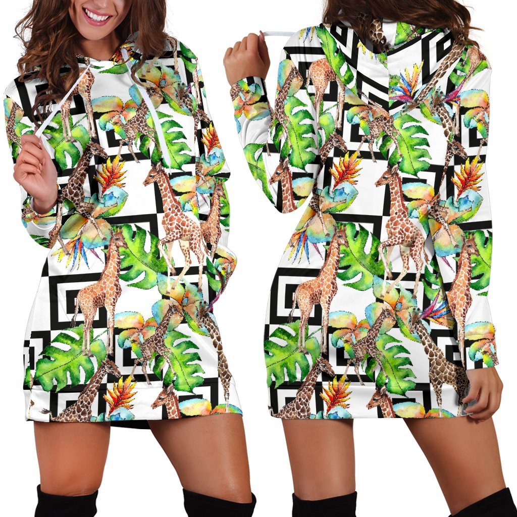 Exotic Tropical Giraffe Pattern Print Hoodie Dress GearFrost