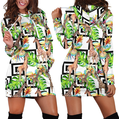 Exotic Tropical Giraffe Pattern Print Hoodie Dress GearFrost