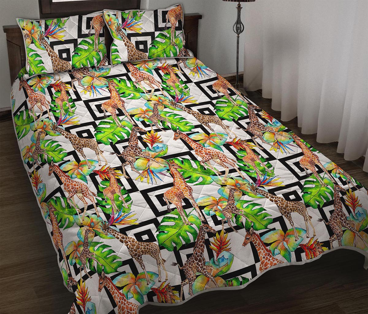 Exotic Tropical Giraffe Pattern Print Quilt Bed Set