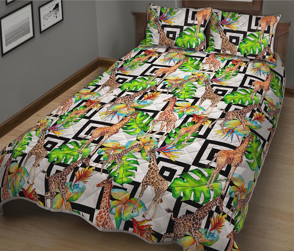 Exotic Tropical Giraffe Pattern Print Quilt Bed Set