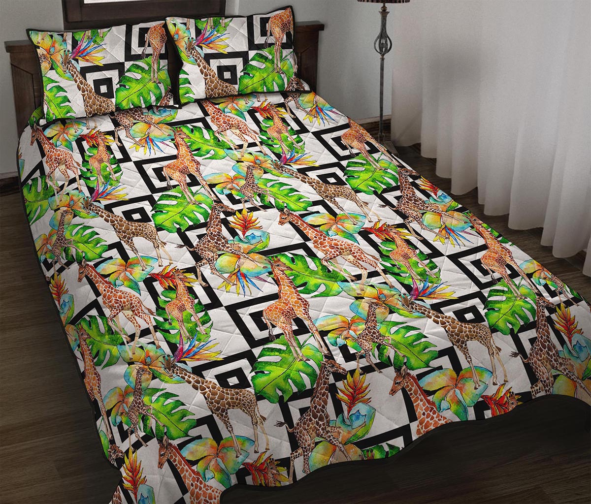 Exotic Tropical Giraffe Pattern Print Quilt Bed Set