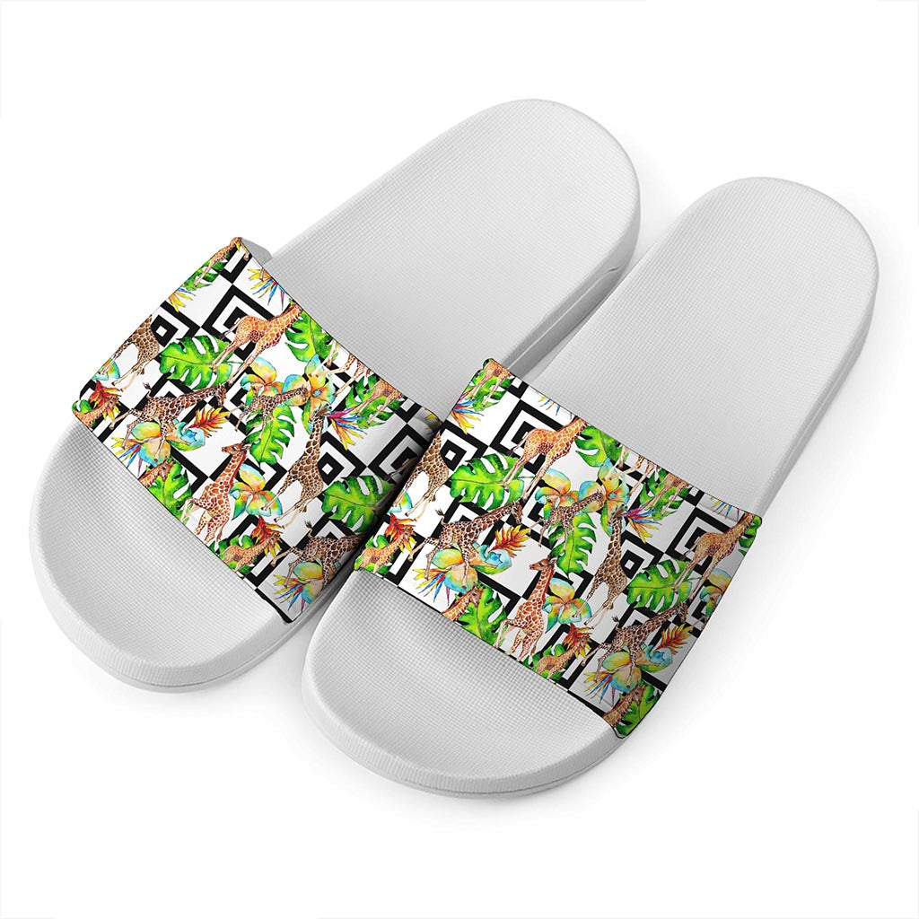 Exotic Tropical Giraffe Pattern Print White Slide Sandals