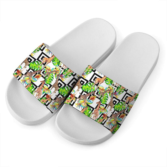 Exotic Tropical Giraffe Pattern Print White Slide Sandals