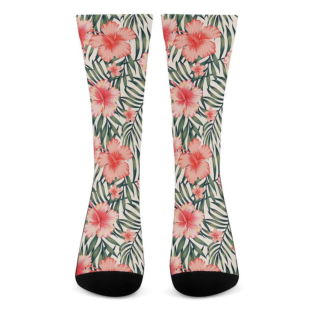 Exotic Tropical Hibiscus Pattern Print Crew Socks