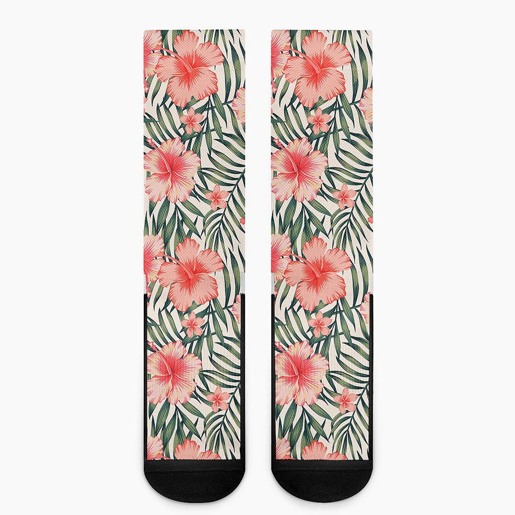 Exotic Tropical Hibiscus Pattern Print Crew Socks