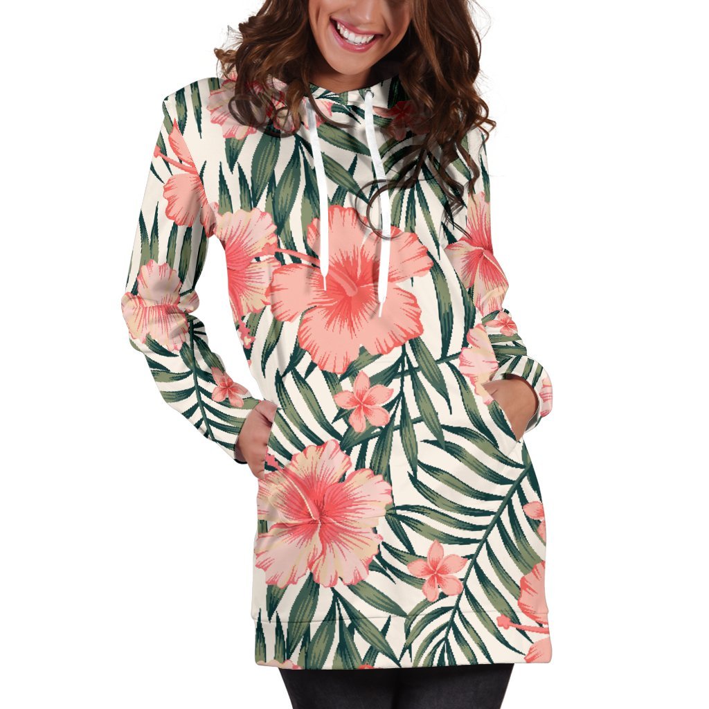 Exotic Tropical Hibiscus Pattern Print Hoodie Dress GearFrost