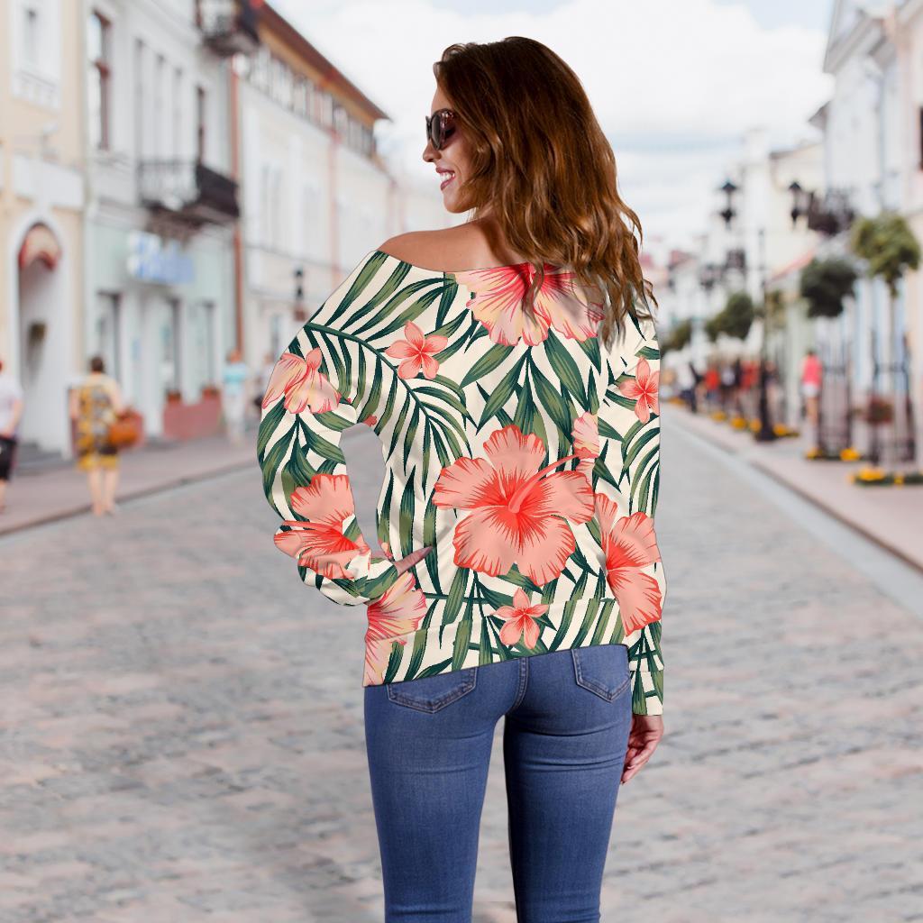 Exotic Tropical Hibiscus Pattern Print Off Shoulder Sweatshirt GearFrost