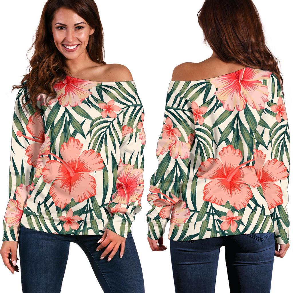 Exotic Tropical Hibiscus Pattern Print Off Shoulder Sweatshirt GearFrost