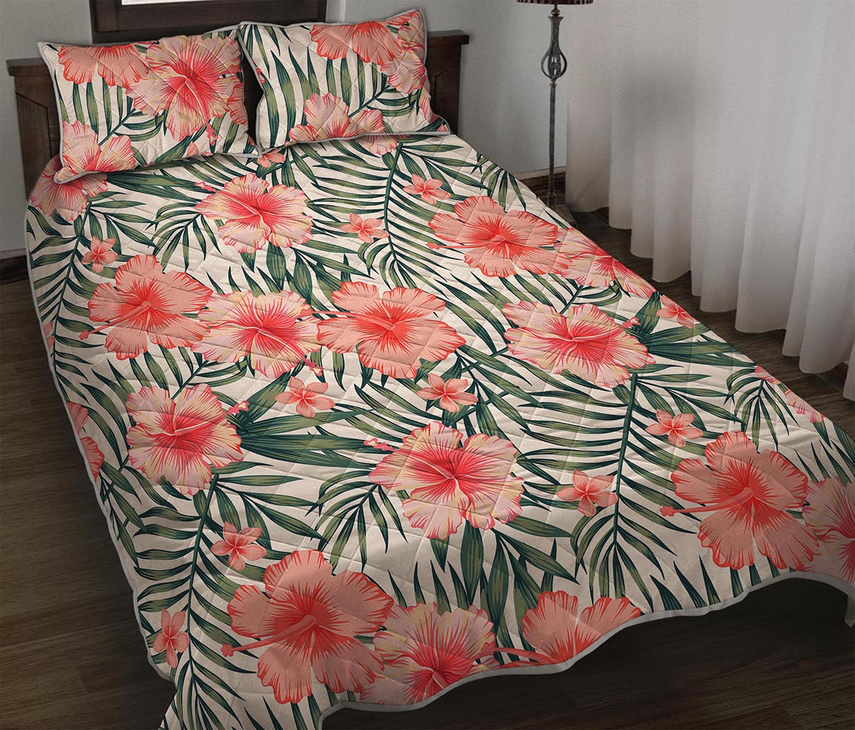 Exotic Tropical Hibiscus Pattern Print Quilt Bed Set