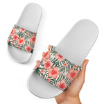 Exotic Tropical Hibiscus Pattern Print White Slide Sandals