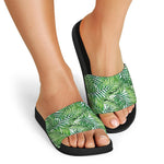 Exotic Tropical Leaf Pattern Print Black Slide Sandals