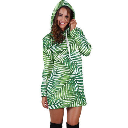 Exotic Tropical Leaf Pattern Print Hoodie Dress GearFrost