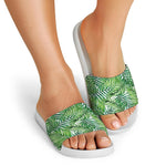 Exotic Tropical Leaf Pattern Print White Slide Sandals