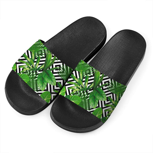 Exotic Tropical Leaves Pattern Print Black Slide Sandals