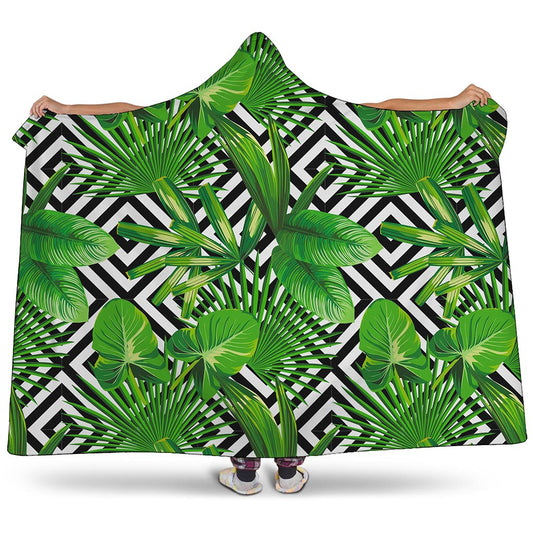 Exotic Tropical Leaves Pattern Print Hooded Blanket