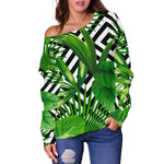 Exotic Tropical Leaves Pattern Print Off Shoulder Sweatshirt GearFrost