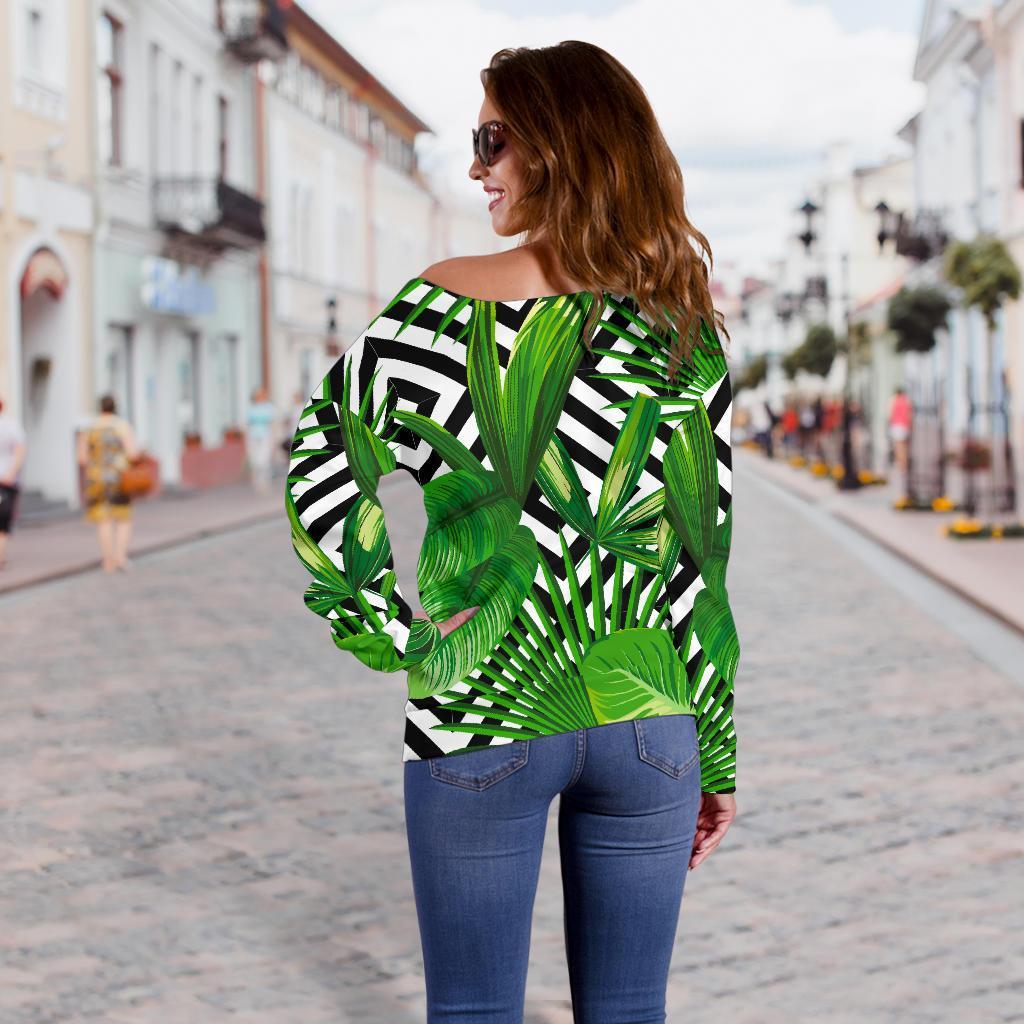 Exotic Tropical Leaves Pattern Print Off Shoulder Sweatshirt GearFrost