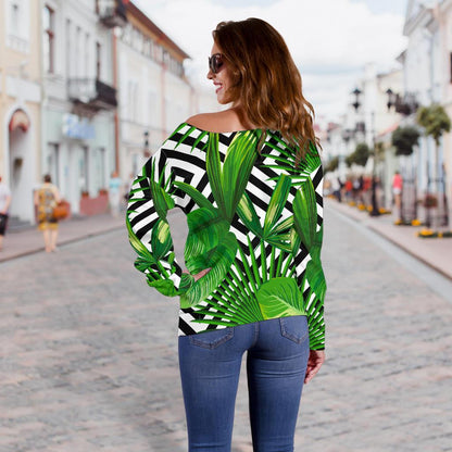 Exotic Tropical Leaves Pattern Print Off Shoulder Sweatshirt GearFrost