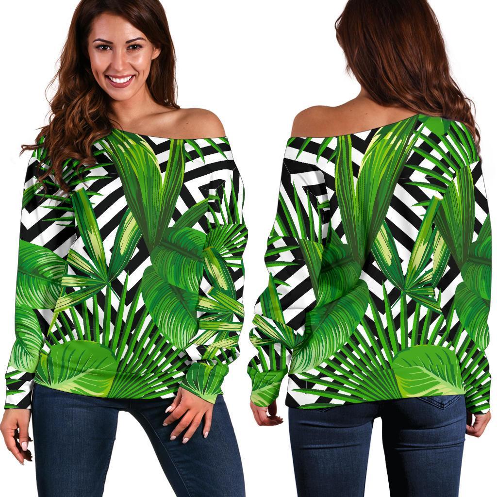 Exotic Tropical Leaves Pattern Print Off Shoulder Sweatshirt GearFrost