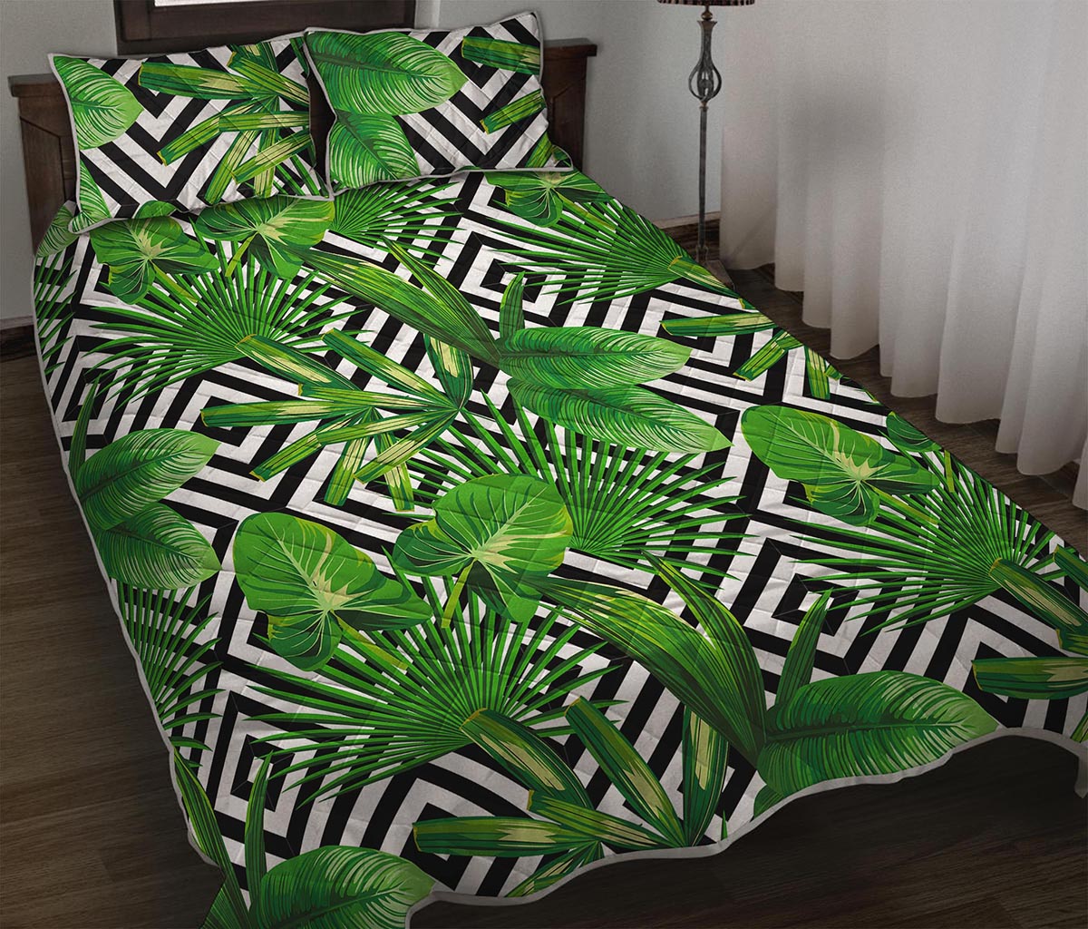 Exotic Tropical Leaves Pattern Print Quilt Bed Set
