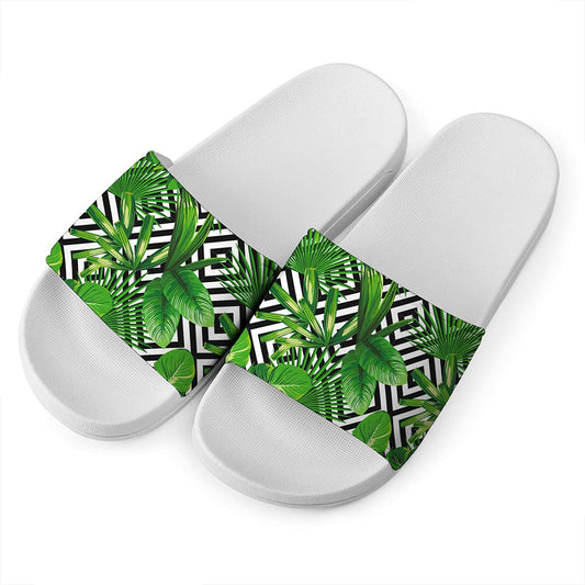 Exotic Tropical Leaves Pattern Print White Slide Sandals