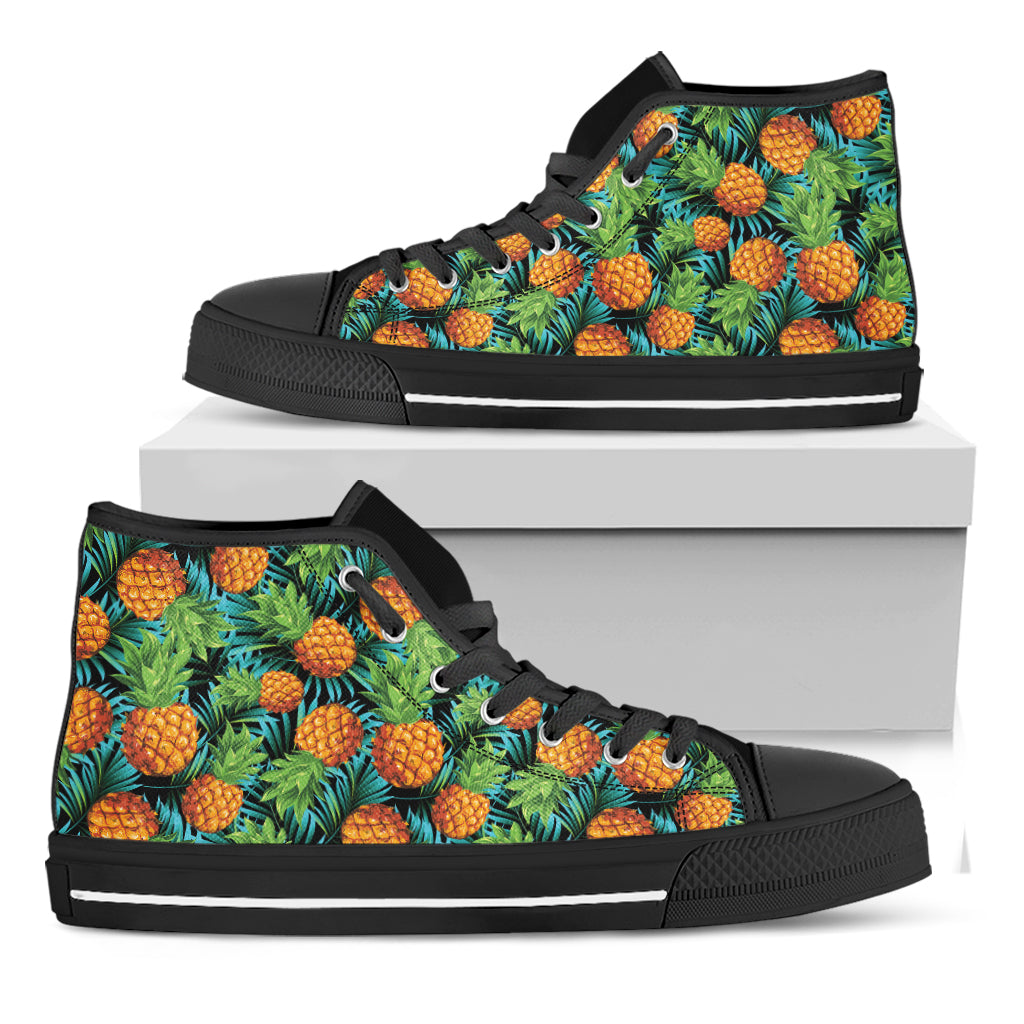 Exotic Tropical Pineapple Pattern Print Black High Top Shoes