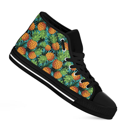 Exotic Tropical Pineapple Pattern Print Black High Top Shoes