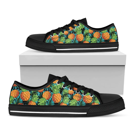 Exotic Tropical Pineapple Pattern Print Black Low Top Shoes