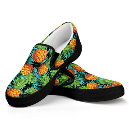 Exotic Tropical Pineapple Pattern Print Black Slip On Shoes
