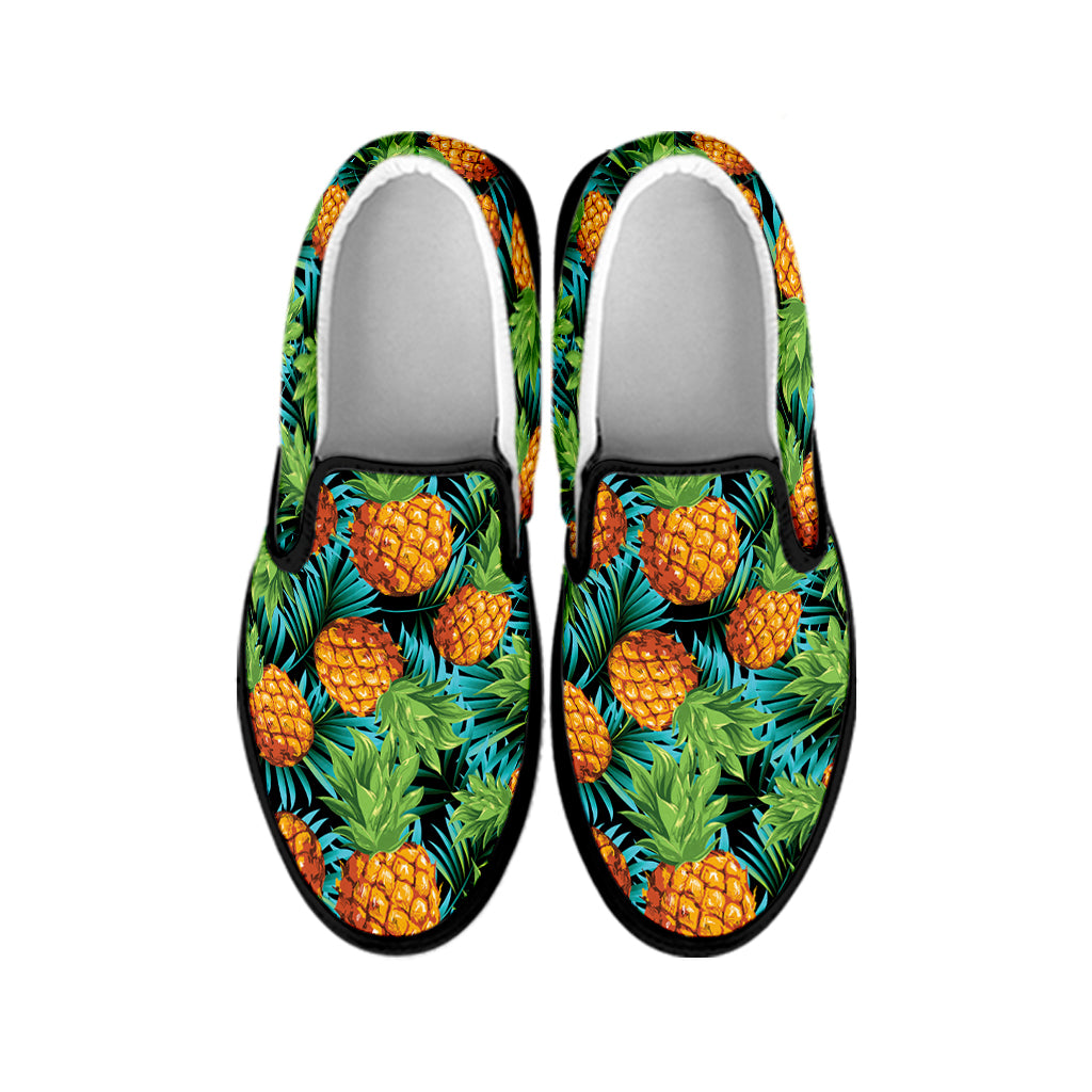 Exotic Tropical Pineapple Pattern Print Black Slip On Shoes