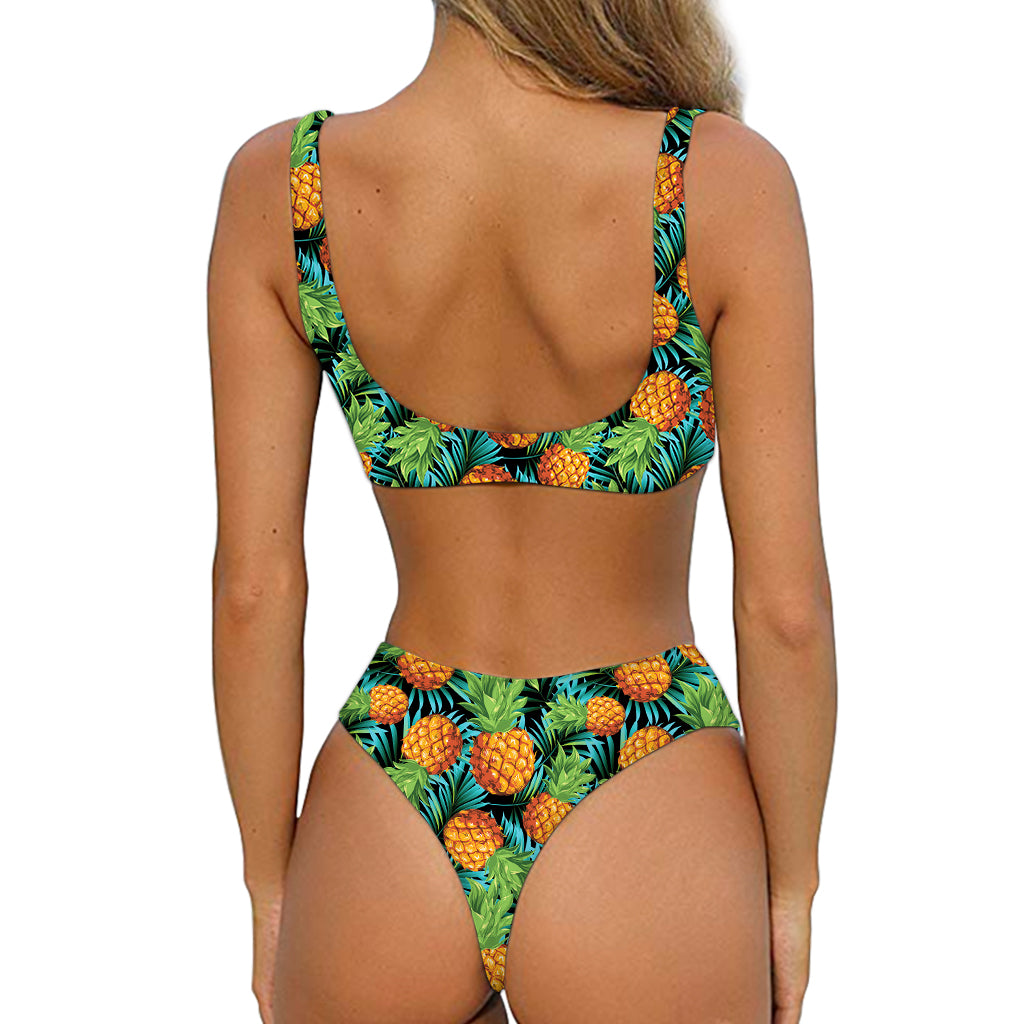 Exotic Tropical Pineapple Pattern Print Front Bow Tie Bikini